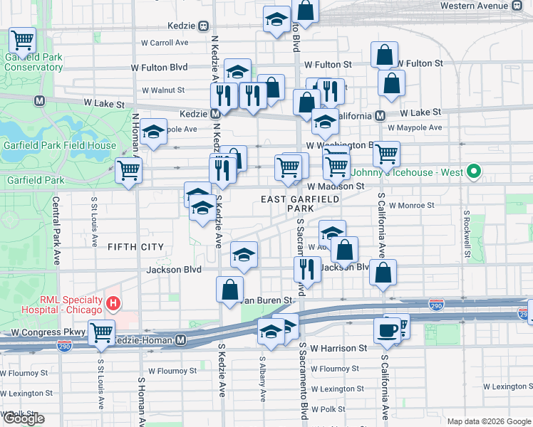 map of restaurants, bars, coffee shops, grocery stores, and more near 3112 West Monroe Street in Chicago