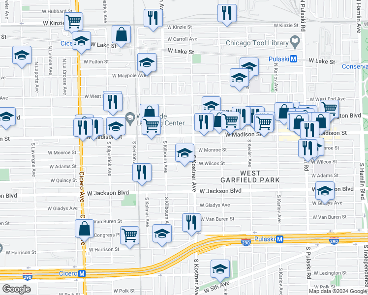 map of restaurants, bars, coffee shops, grocery stores, and more near 4418 West Monroe Street in Chicago