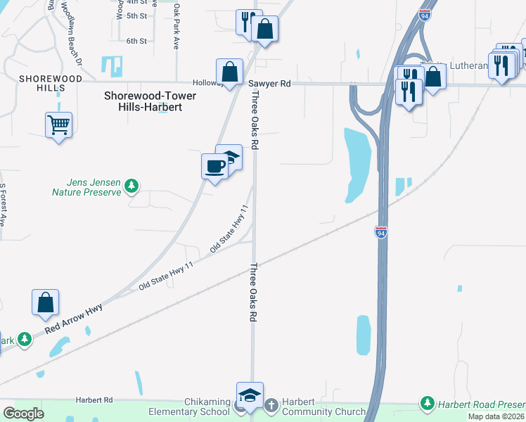 map of restaurants, bars, coffee shops, grocery stores, and more near 13217 Three Oaks Road in Sawyer
