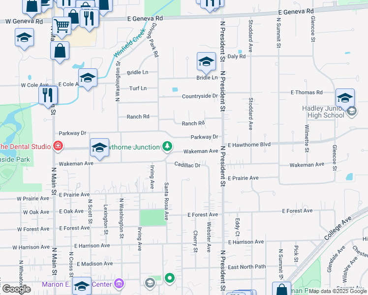 map of restaurants, bars, coffee shops, grocery stores, and more near 705 Wakeman Avenue in Wheaton