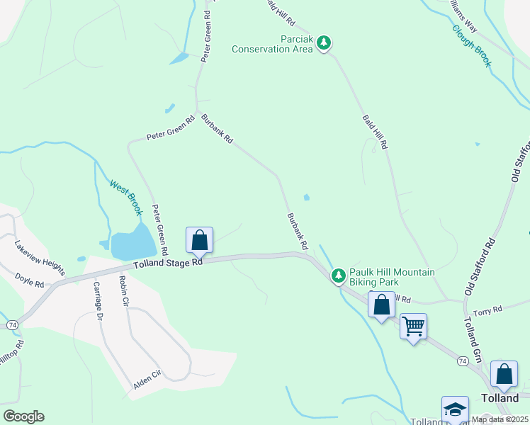 map of restaurants, bars, coffee shops, grocery stores, and more near 35 Burbank Road in Tolland