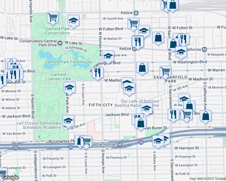 map of restaurants, bars, coffee shops, grocery stores, and more near 3320 West Monroe Street in Chicago