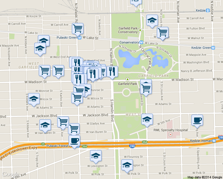 map of restaurants, bars, coffee shops, grocery stores, and more near 3800 W Monroe St in Chicago