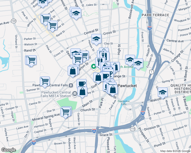 map of restaurants, bars, coffee shops, grocery stores, and more near 71 Dexter Street in Pawtucket