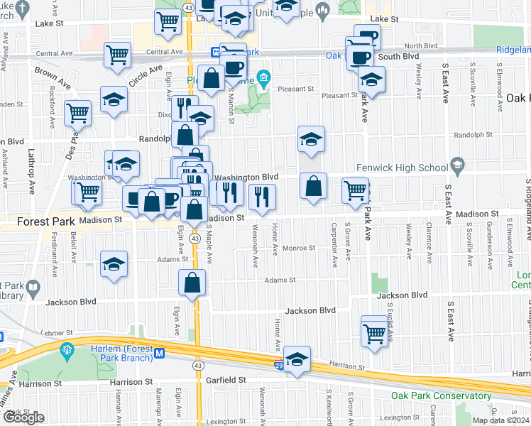 map of restaurants, bars, coffee shops, grocery stores, and more near 1010 Madison Street in Oak Park