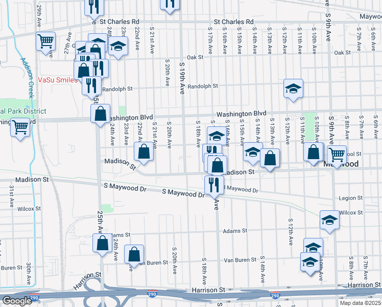 map of restaurants, bars, coffee shops, grocery stores, and more near 811 South 18th Avenue in Maywood