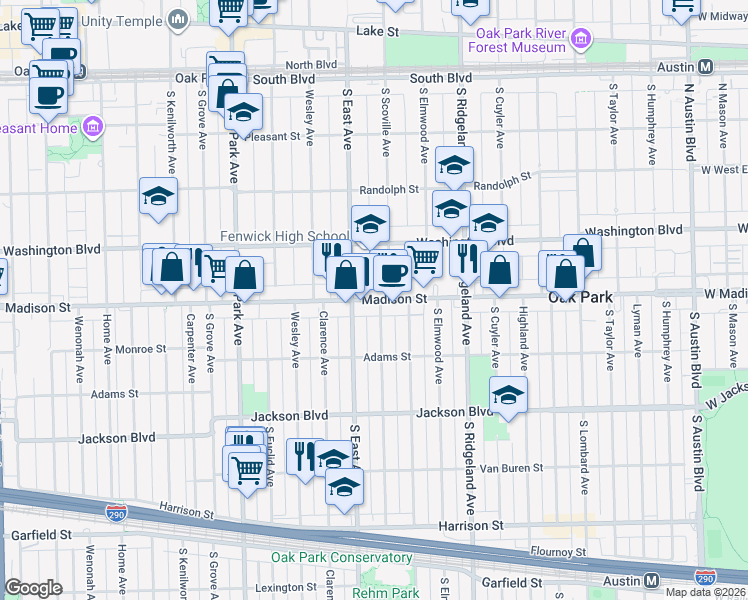 map of restaurants, bars, coffee shops, grocery stores, and more near Madison Street in Oak Park