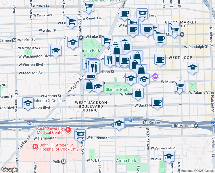 map of restaurants, bars, coffee shops, grocery stores, and more near 1425 West Monroe Street in Chicago