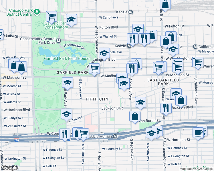 map of restaurants, bars, coffee shops, grocery stores, and more near 3326 West Monroe Street in Chicago