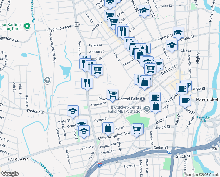 map of restaurants, bars, coffee shops, grocery stores, and more near 30 Beecher Street in Pawtucket
