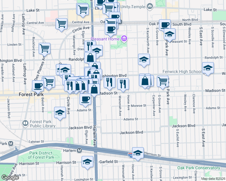 map of restaurants, bars, coffee shops, grocery stores, and more near 1041 Susan Collins Lane in Oak Park