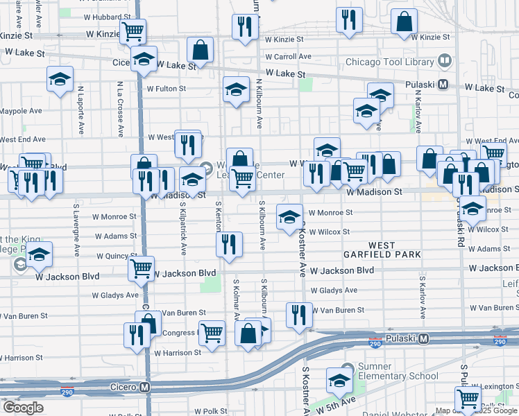 map of restaurants, bars, coffee shops, grocery stores, and more near 4500 West Monroe Street in Chicago