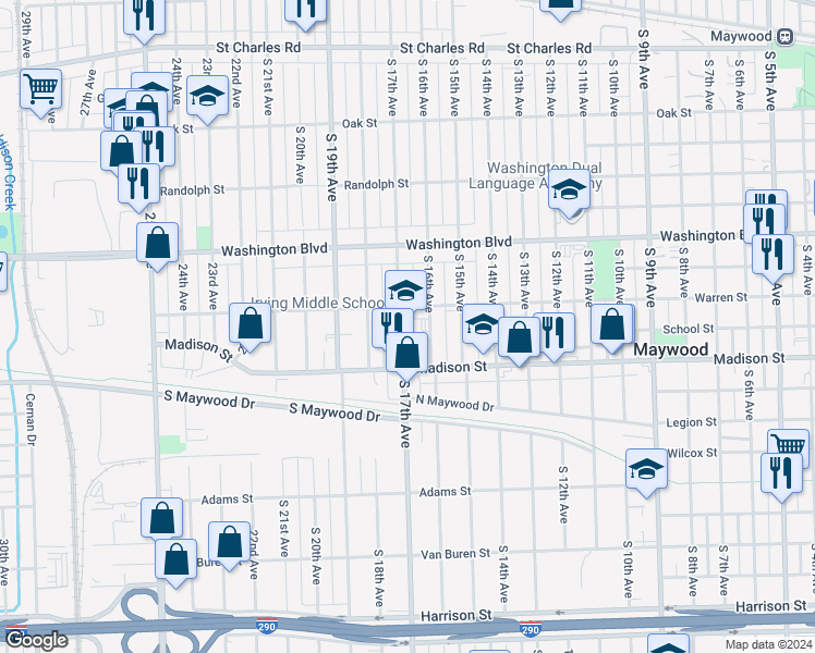map of restaurants, bars, coffee shops, grocery stores, and more near 805 South 17th Avenue in Maywood
