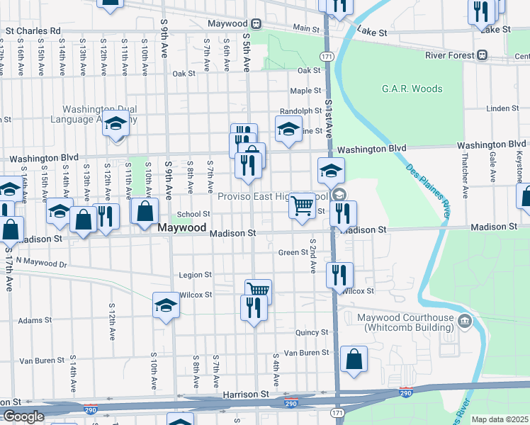map of restaurants, bars, coffee shops, grocery stores, and more near 412 School Street in Maywood