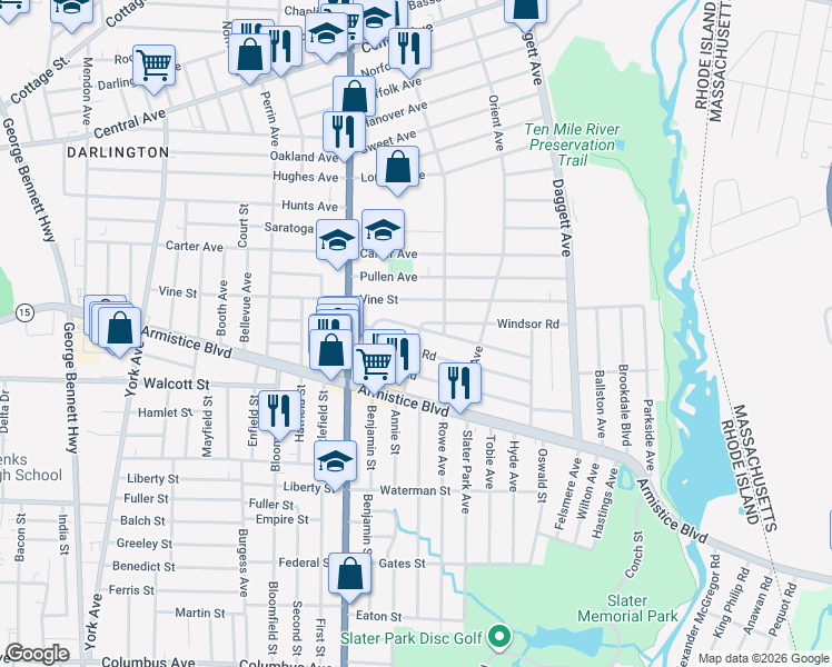 map of restaurants, bars, coffee shops, grocery stores, and more near 35 Warwick Road in Pawtucket