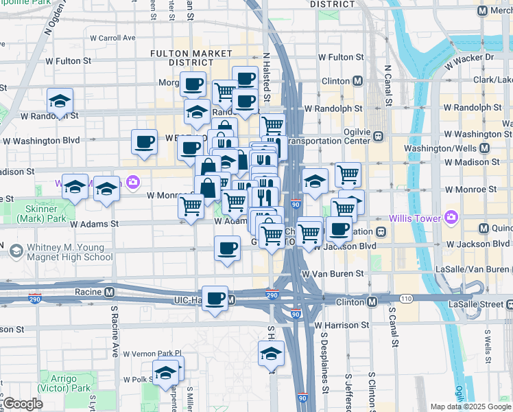 map of restaurants, bars, coffee shops, grocery stores, and more near 40 South Halsted Street in Chicago