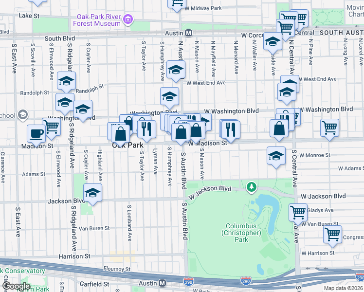 map of restaurants, bars, coffee shops, grocery stores, and more near 11 South Austin Boulevard in Oak Park