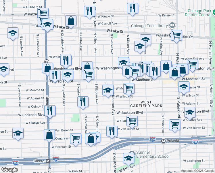 map of restaurants, bars, coffee shops, grocery stores, and more near 4426 West Monroe Street in Chicago