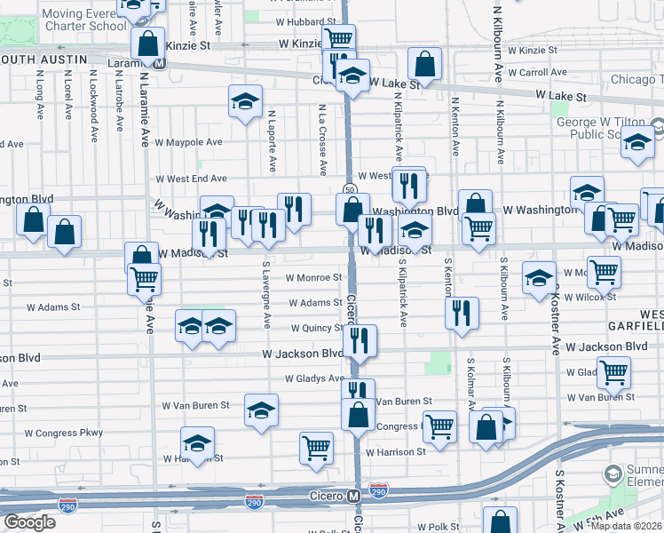 map of restaurants, bars, coffee shops, grocery stores, and more near 8 South Cicero Avenue in Chicago