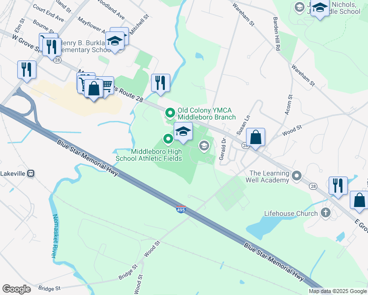 map of restaurants, bars, coffee shops, grocery stores, and more near 71 East Grove Street in Middleborough