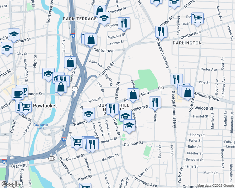 map of restaurants, bars, coffee shops, grocery stores, and more near 75 North Bend Street in Pawtucket