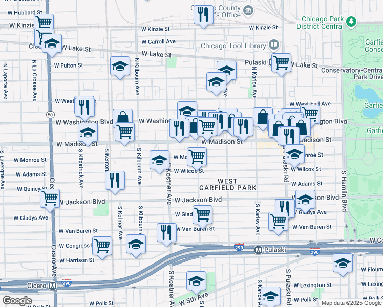 map of restaurants, bars, coffee shops, grocery stores, and more near 4308 West Monroe Street in Chicago