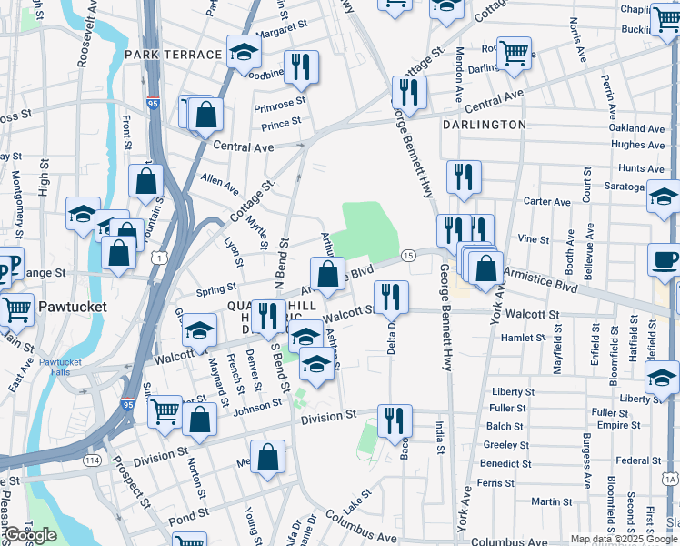 map of restaurants, bars, coffee shops, grocery stores, and more near 168 Armistice Boulevard in Pawtucket