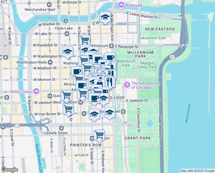 map of restaurants, bars, coffee shops, grocery stores, and more near 135 South Wabash Avenue in Chicago