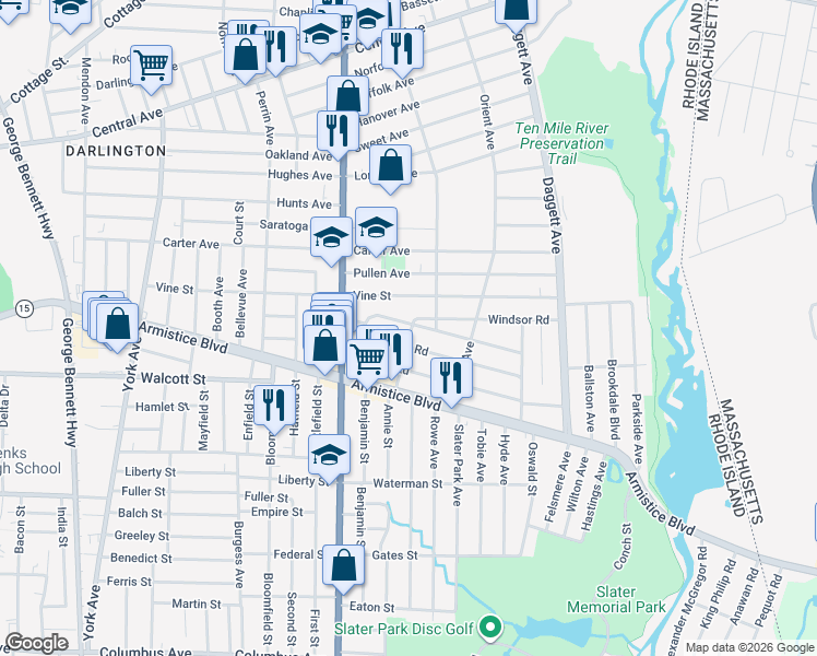 map of restaurants, bars, coffee shops, grocery stores, and more near 35 Warwick Road in Pawtucket