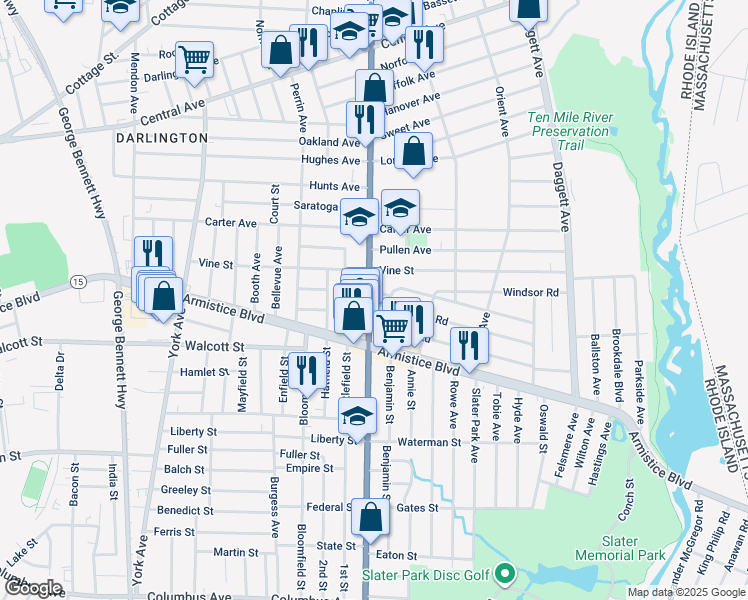 map of restaurants, bars, coffee shops, grocery stores, and more near 7 Crescent Road in Pawtucket