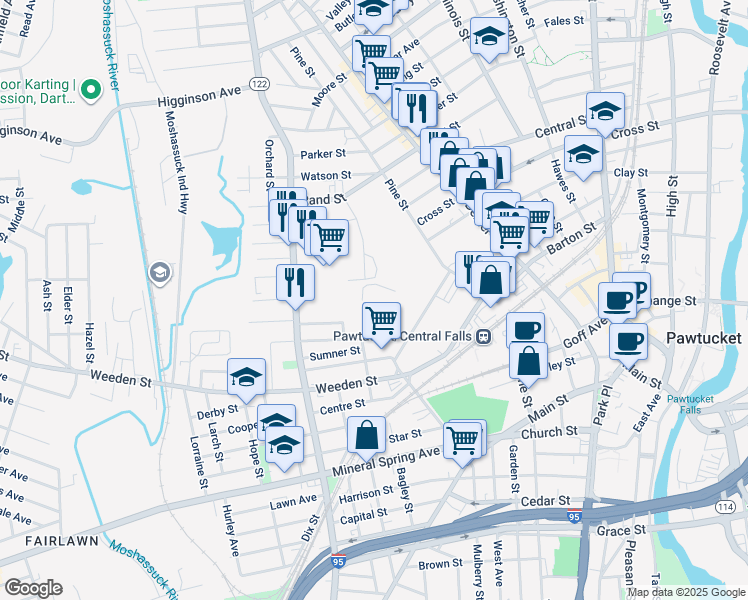 map of restaurants, bars, coffee shops, grocery stores, and more near 28 Beecher Street in Pawtucket