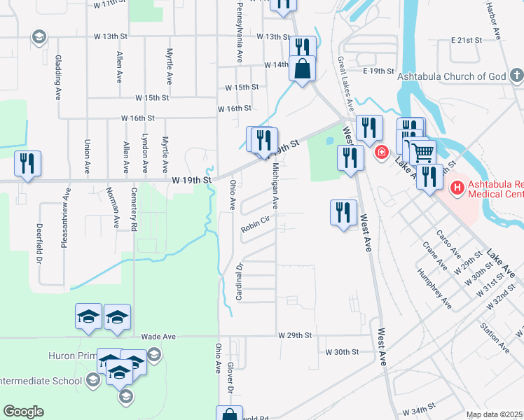 map of restaurants, bars, coffee shops, grocery stores, and more near 1749 Blue Jay Circle in Ashtabula