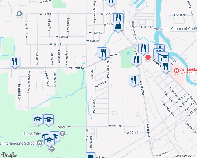 map of restaurants, bars, coffee shops, grocery stores, and more near 1726-1739 Blue Jay Cir in Ashtabula