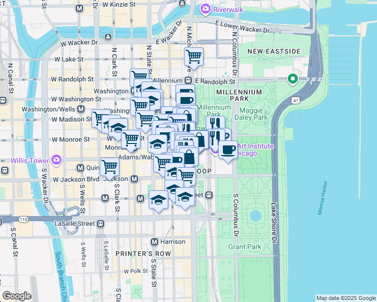 map of restaurants, bars, coffee shops, grocery stores, and more near 110 South Michigan Avenue in Chicago
