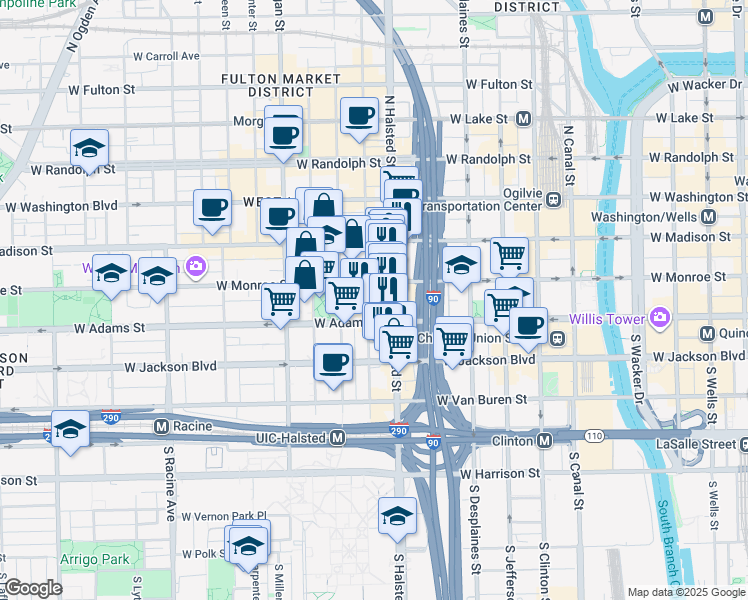map of restaurants, bars, coffee shops, grocery stores, and more near 40 South Halsted Street in Chicago