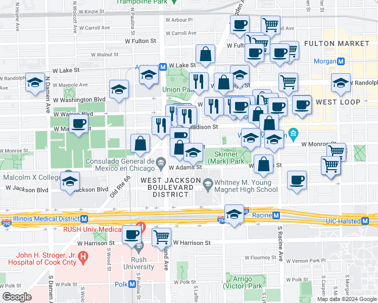 map of restaurants, bars, coffee shops, grocery stores, and more near 104 South Laflin Street in Chicago