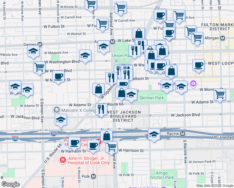 map of restaurants, bars, coffee shops, grocery stores, and more near 105 South Ashland Avenue in Chicago