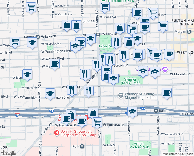 map of restaurants, bars, coffee shops, grocery stores, and more near 1645 Ogden Avenue in Chicago