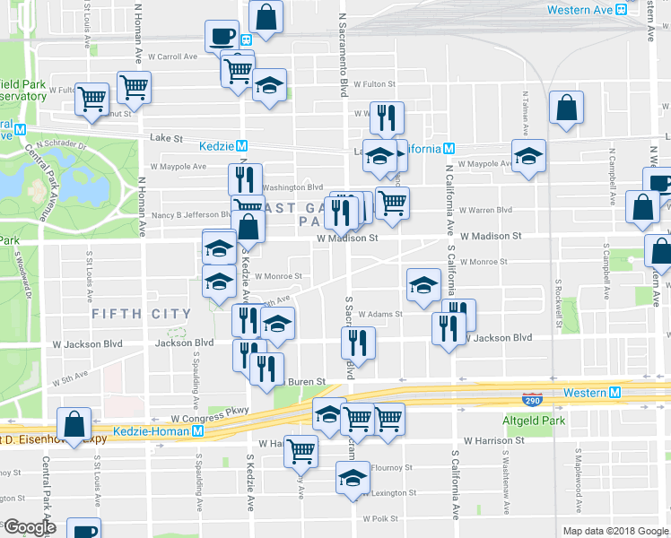 map of restaurants, bars, coffee shops, grocery stores, and more near 33 South Whipple Street in Chicago