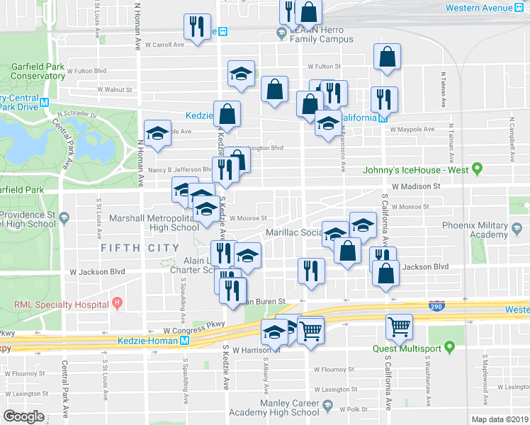 map of restaurants, bars, coffee shops, grocery stores, and more near 3112 West Monroe Street in Chicago