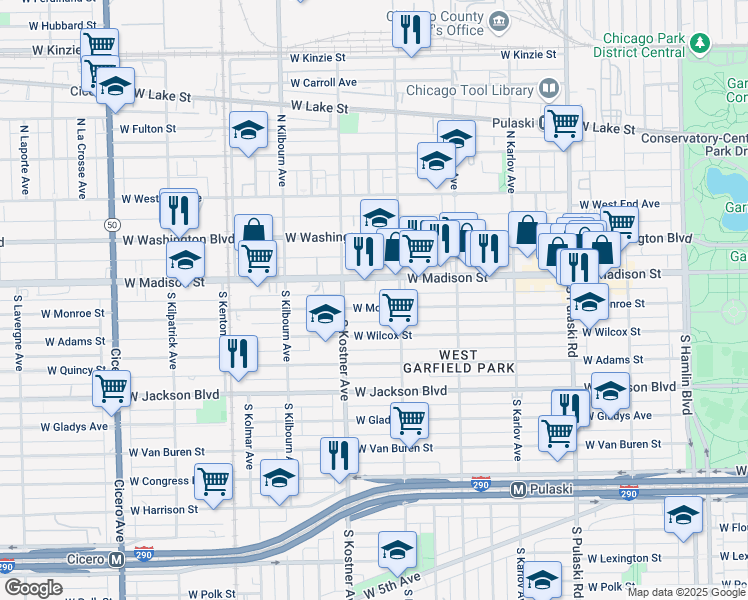 map of restaurants, bars, coffee shops, grocery stores, and more near 4308 West Monroe Street in Chicago