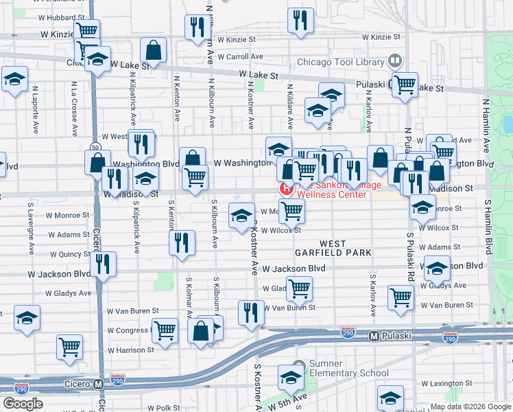 map of restaurants, bars, coffee shops, grocery stores, and more near 4358 West Monroe Street in Chicago