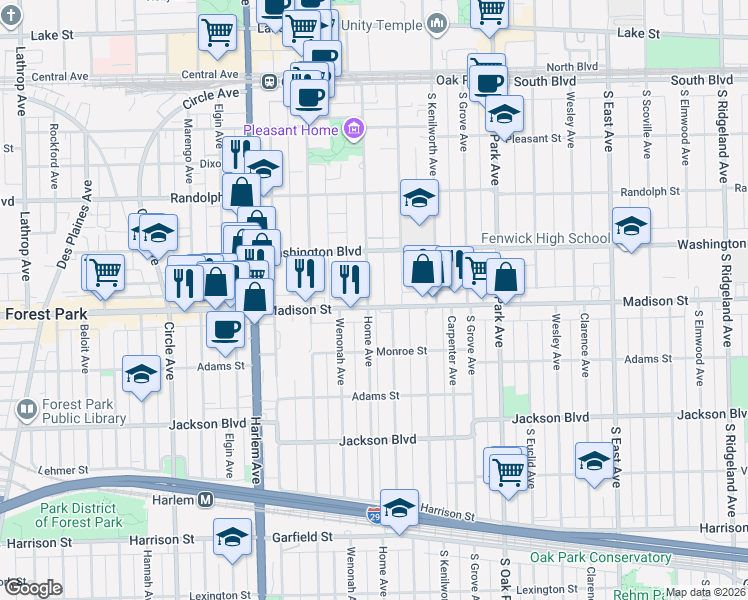 map of restaurants, bars, coffee shops, grocery stores, and more near 958 Madison Street in Oak Park