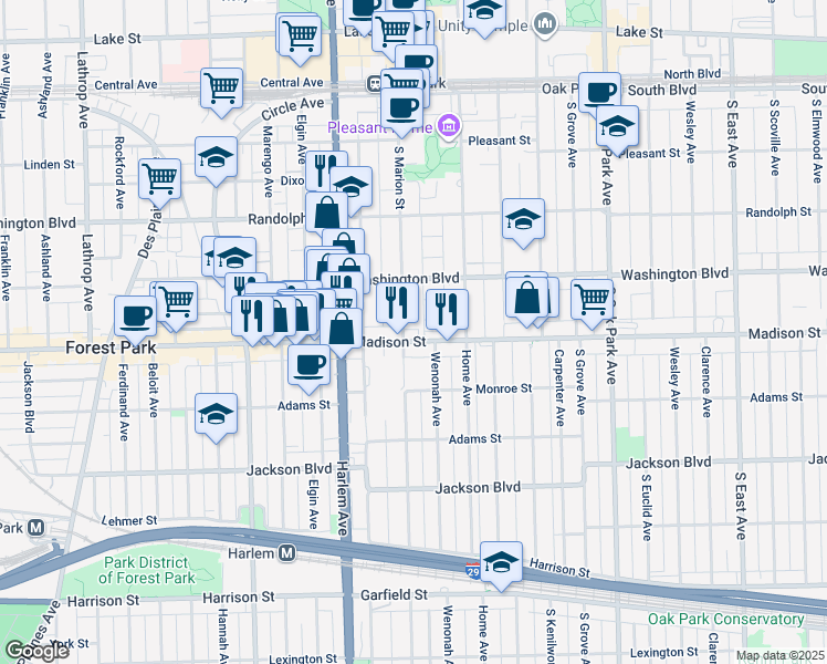 map of restaurants, bars, coffee shops, grocery stores, and more near 1100 Madison Street in Oak Park