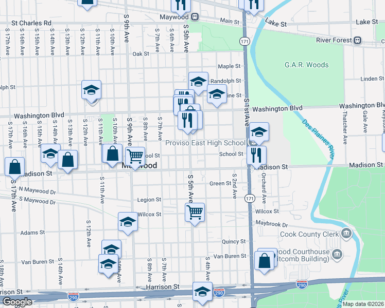 map of restaurants, bars, coffee shops, grocery stores, and more near 815 South 5th Avenue in Maywood