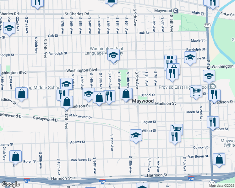 map of restaurants, bars, coffee shops, grocery stores, and more near 817 South 11th Avenue in Maywood