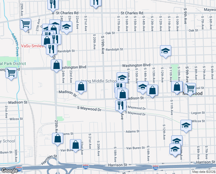 map of restaurants, bars, coffee shops, grocery stores, and more near 811 South 18th Avenue in Maywood
