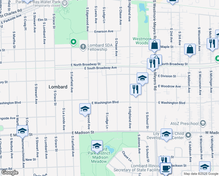 map of restaurants, bars, coffee shops, grocery stores, and more near 405 South Lodge Lane in Lombard