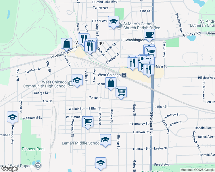 map of restaurants, bars, coffee shops, grocery stores, and more near 310 Wilson Avenue in West Chicago