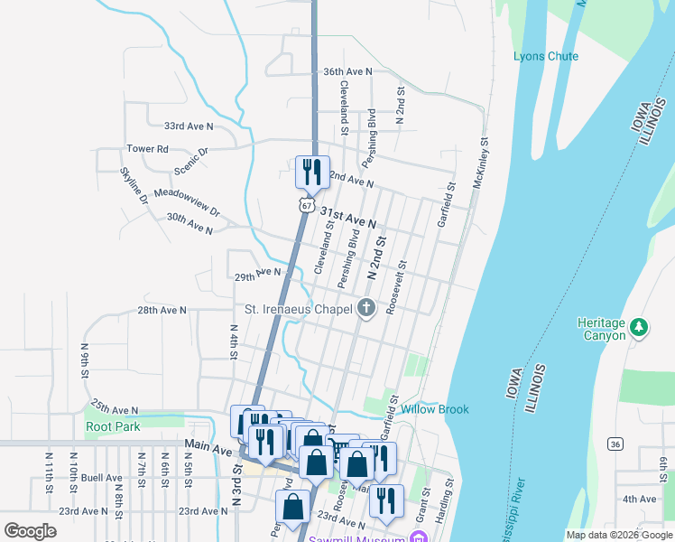 map of restaurants, bars, coffee shops, grocery stores, and more near 2927 Pershing Boulevard in Clinton